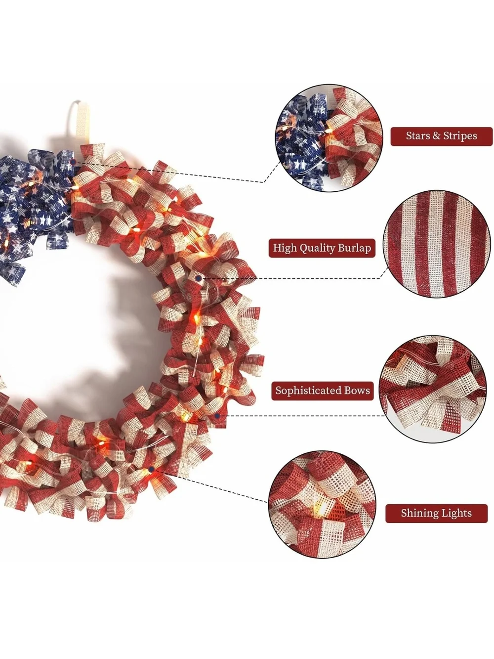 Patriotic LED Flag Ribbon Wreath - Home Holiday Decor